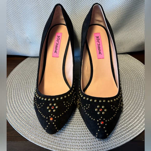 Betsey Johnson black suede wedge with  studs and red stones on the toe box. - Picture 1 of 3